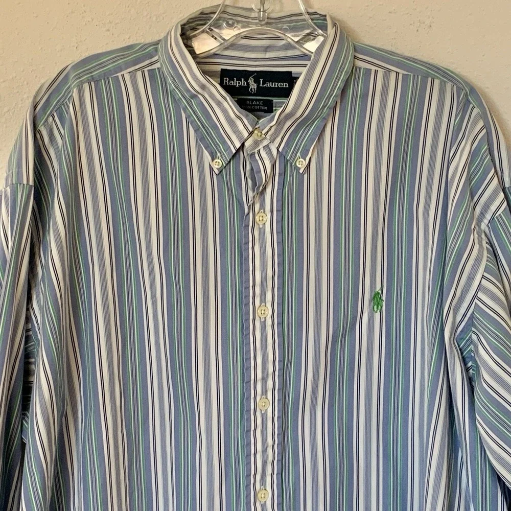 Polo Ralph Lauren Men's Blue Green Striped Long Sleeve Button Up Shirt Pony XL